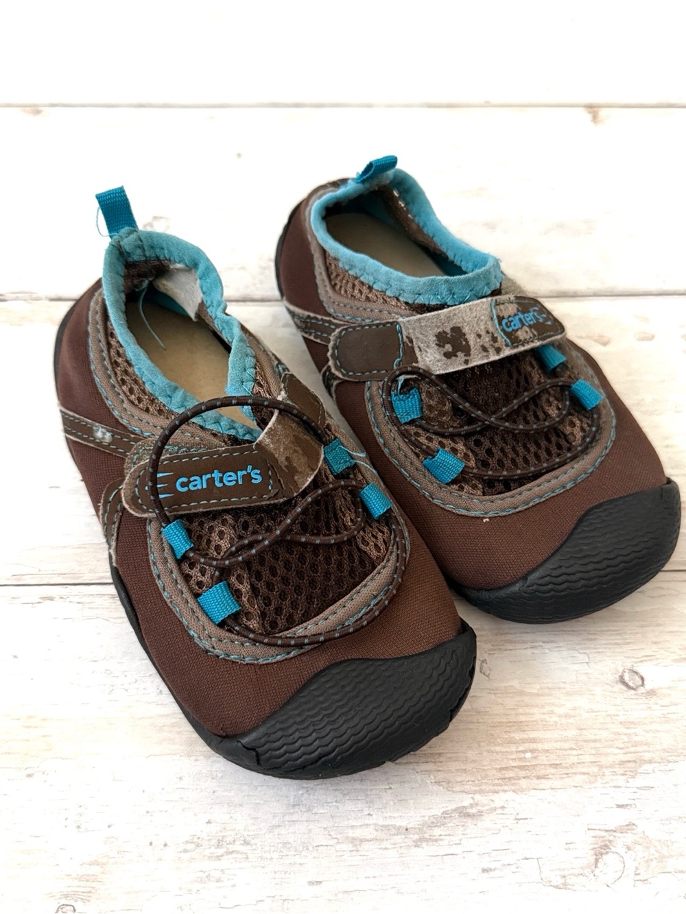 Carters Size 7 Little Boys Shoes Easy On & Off Brown Blue Color Kids